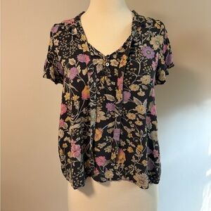 Spell Black Floral Top with Tie Collar | Size XS
